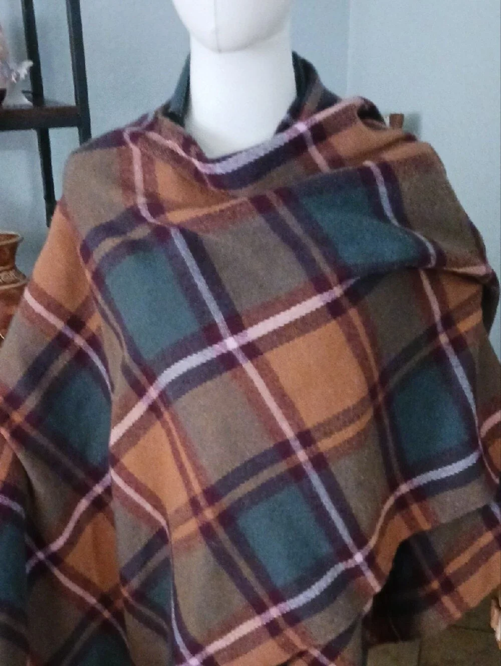 David and Young Caramel and Teal Plaid Fringe Wrap